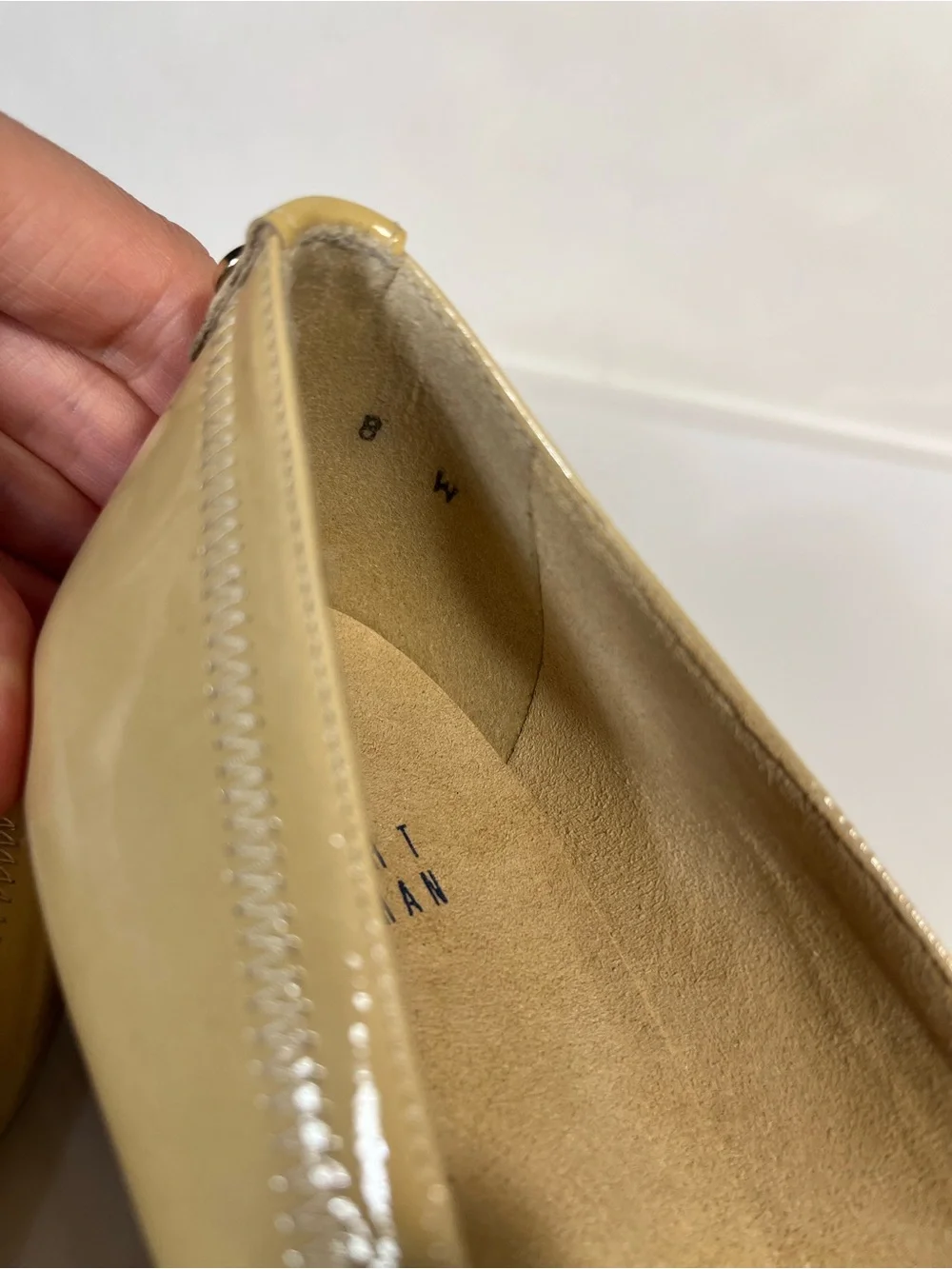 Stuart Weitzman Pleatolo Nude Tan Patent Leather Block Wedge Heels Buckle Toe 8